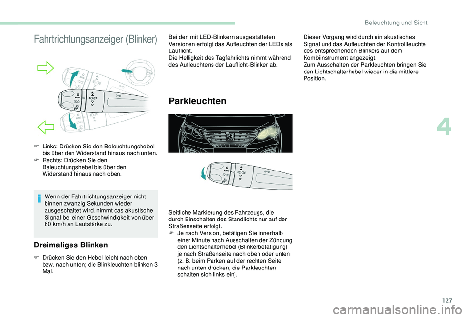 PEUGEOT 5008 2017 Betriebsanleitungen (in German) 127
Fahrtrichtungsanzeiger (Blinker)
Wenn der Fahrtrichtungsanzeiger nicht
binnen zwanzig Sekunden wieder
ausgeschaltet wird, nimmt das akustische
Signal bei einer Geschwindigkeit von über
60 km/ PEUGEOT 5008 2017 Betriebsanleitungen (in German) 127
Fahrtrichtungsanzeiger (Blinker)
Wenn der Fahrtrichtungsanzeiger nicht
binnen zwanzig Sekunden wieder
ausgeschaltet wird, nimmt das akustische
Signal bei einer Geschwindigkeit von über
60 km/
