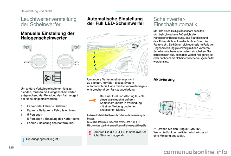 PEUGEOT 5008 2017 Betriebsanleitungen (in German) 128
Leuchtweitenverstellung
der Scheinwerfer
Manuelle Einstellung der
Halogenscheinwerfer
Um andere Verkehrsteilnehmer nicht zu
blenden, müssen die Halogenscheinwerfer
entsprechend der Beladung d PEUGEOT 5008 2017 Betriebsanleitungen (in German) 128
Leuchtweitenverstellung
der Scheinwerfer
Manuelle Einstellung der
Halogenscheinwerfer
Um andere Verkehrsteilnehmer nicht zu
blenden, müssen die Halogenscheinwerfer
entsprechend der Beladung d