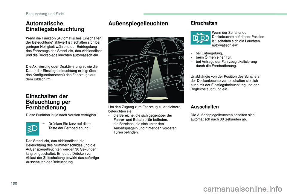 PEUGEOT 5008 2017  Betriebsanleitungen (in German) 130
Automatische 
Einstiegsbeleuchtung
Wenn die Funktion „ Automatisches Einschalten 
der Beleuchtung“ aktiviert ist, schalten sich bei 
geringer Helligkeit während der Entriegelung 
des Fahrzeug