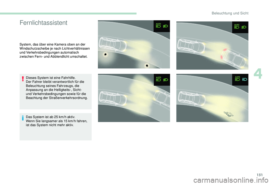 PEUGEOT 5008 2017  Betriebsanleitungen (in German) 131
Fernlichtassistent
System, das über eine Kamera oben an der 
Windschutzscheibe je nach Lichtverhältnissen 
und Verkehrsbedingungen automatisch 
zwischen Fern- und Abblendlicht umschaltet.Dieses 