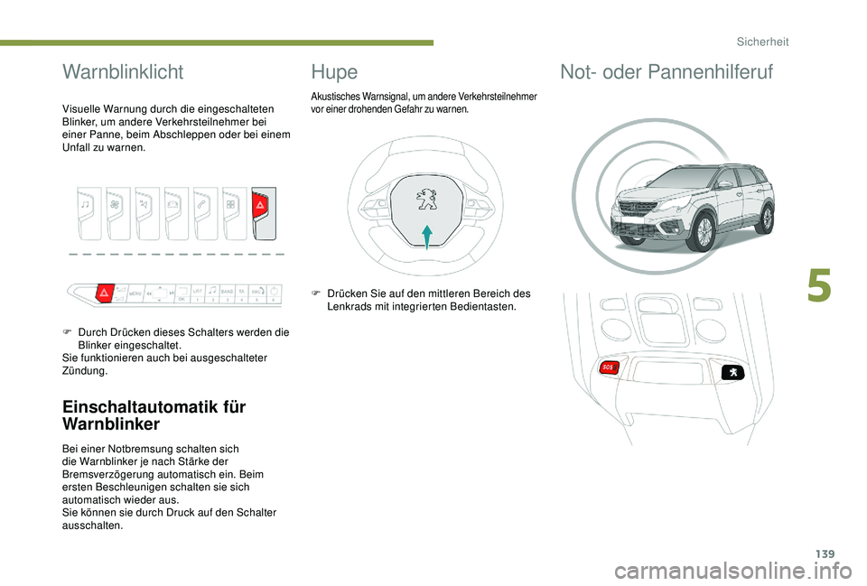 PEUGEOT 5008 2017 Betriebsanleitungen (in German) 139
Warnblinklicht
Einschaltautomatik für
Warnblinker
Bei einer Notbremsung schalten sich
die Warnblinker je nach Stärke der
Bremsverzögerung automatisch ein. Beim
ersten Beschleunigen schalten PEUGEOT 5008 2017 Betriebsanleitungen (in German) 139
Warnblinklicht
Einschaltautomatik für
Warnblinker
Bei einer Notbremsung schalten sich
die Warnblinker je nach Stärke der
Bremsverzögerung automatisch ein. Beim
ersten Beschleunigen schalten
