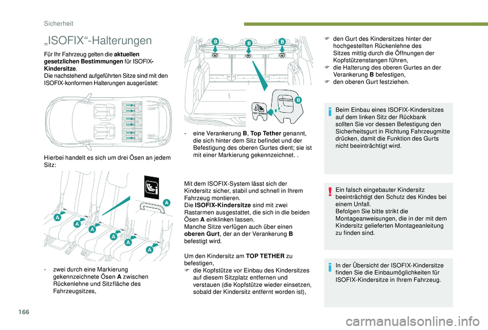 PEUGEOT 5008 2017  Betriebsanleitungen (in German) 166
„ISOFIX“-Halterungen
Für Ihr Fahrzeug gelten die aktuellen 
gesetzlichen Bestimmungen für ISOFIX -
Kindersitze .
Die nachstehend aufgeführten Sitze sind mit den 
ISOFIX-konformen Halterunge