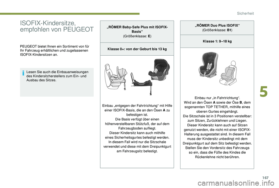 PEUGEOT 5008 2017  Betriebsanleitungen (in German) 167
ISOFIX-Kindersitze, 
empfohlen von PEUGEOT
PEUGEOT bietet Ihnen ein Sortiment von für 
Ihr Fahrzeug erhältlichen und zugelassenen 
ISOFIX-Kindersitzen an.Lesen Sie auch die Einbauanweisungen 
de