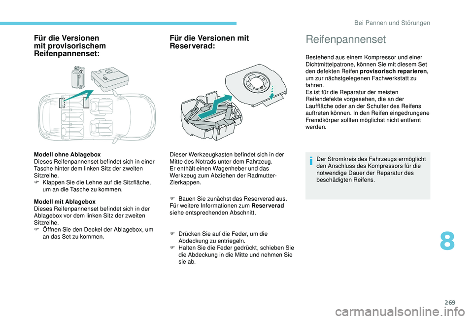 PEUGEOT 5008 2017  Betriebsanleitungen (in German) 269
Für die Versionen 
mit provisorischem 
Reifenpannenset:
Modell ohne Ablagebox
Dieses Reifenpannenset befindet sich in einer 
Tasche hinter dem linken Sitz der zweiten 
Sitzreihe.
F 
K
 lappen Sie