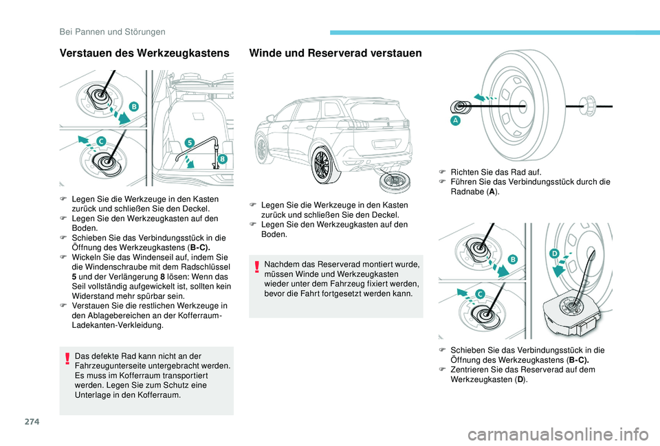 PEUGEOT 5008 2017  Betriebsanleitungen (in German) 274
Verstauen des Werkzeugkastens
Das defekte Rad kann nicht an der 
Fahrzeugunterseite untergebracht werden.
Es muss im Kofferraum transportiert 
werden. Legen Sie zum Schutz eine 
Unterlage in den K
