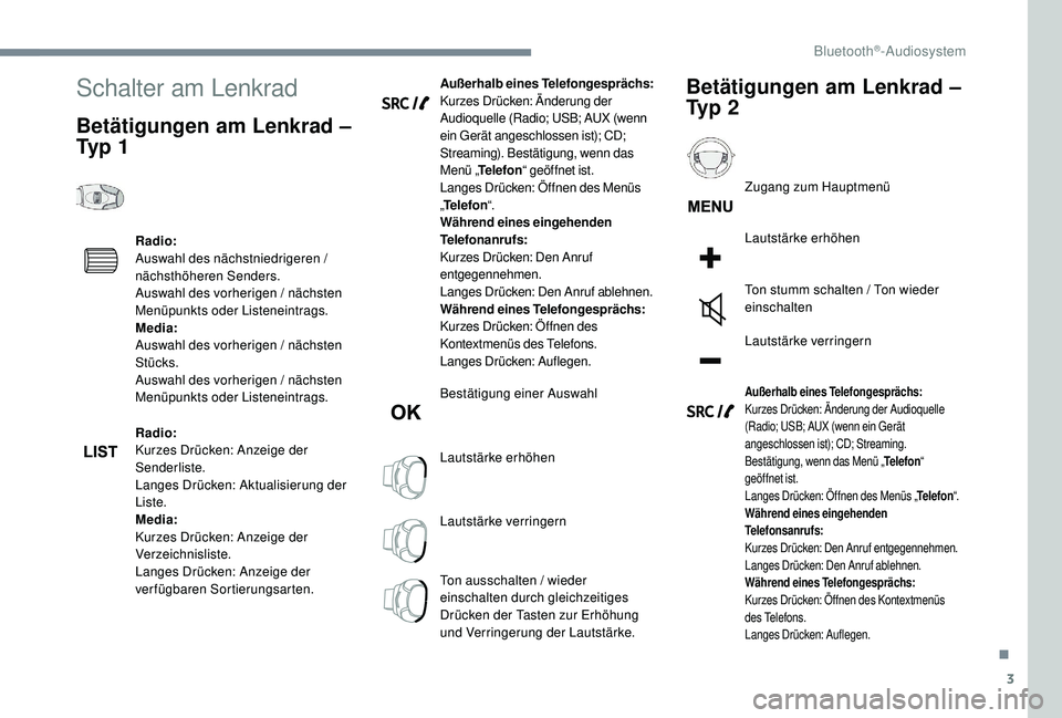 PEUGEOT 5008 2017 Betriebsanleitungen (in German) 3
Schalter am Lenkrad
Betätigungen am Lenkrad –
Ty p 1
Radio:
Auswahl des nächstniedrigeren /
nächsthöheren Senders.
Auswahl des vorherigen / nächsten
Menüpunkts oder Listeneintrags.
Media PEUGEOT 5008 2017 Betriebsanleitungen (in German) 3
Schalter am Lenkrad
Betätigungen am Lenkrad –
Ty p 1
Radio:
Auswahl des nächstniedrigeren /
nächsthöheren Senders.
Auswahl des vorherigen / nächsten
Menüpunkts oder Listeneintrags.
Media