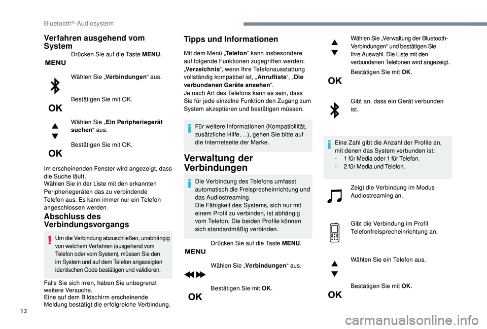 PEUGEOT 5008 2017 Betriebsanleitungen (in German) 12
Verfahren ausgehend vom
System
Drücken Sie auf die Taste MENU.
Wählen Sie „ Verbindungen “ aus.
Bestätigen Sie mit OK.
Wählen Sie „ Ein Peripheriegerät
suchen “ aus.
Bestätigen Sie PEUGEOT 5008 2017 Betriebsanleitungen (in German) 12
Verfahren ausgehend vom
System
Drücken Sie auf die Taste MENU.
Wählen Sie „ Verbindungen “ aus.
Bestätigen Sie mit OK.
Wählen Sie „ Ein Peripheriegerät
suchen “ aus.
Bestätigen Sie