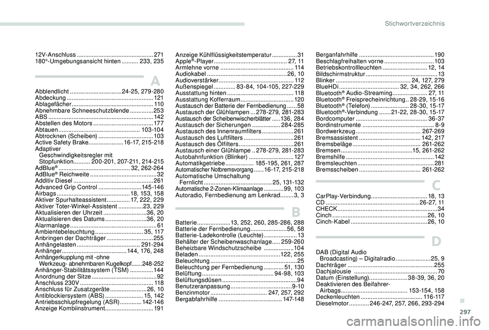 PEUGEOT 5008 2017  Betriebsanleitungen (in German) 297
Abblendlicht ............................... 24-25, 279-280
Abdeckung  .................................................... 121
Ablagefächer
 

................................................. 1