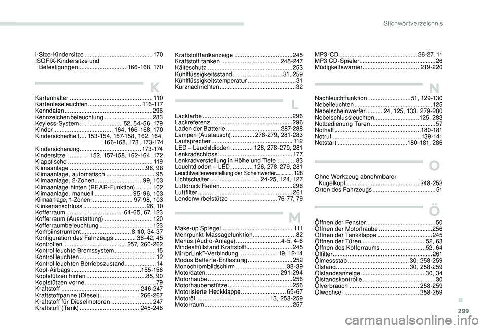 PEUGEOT 5008 2017  Betriebsanleitungen (in German) 299
Kartenhalter .................................................. 11 0
Kartenleseleuchten ................................ 11
6 -117
Kenndaten
 ..................................................... 