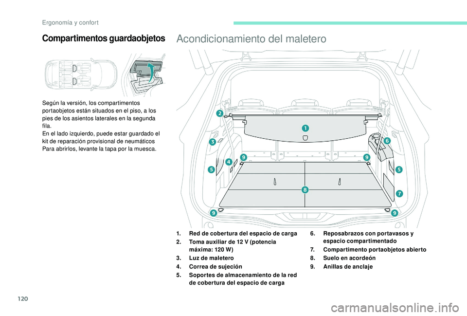PEUGEOT 5008 2017 Manual del propietario (in Spanish) 120
Según la versión, los compartimentos
portaobjetos están situados en el piso, a los
pies de los asientos laterales en la segunda
fila.
En el lado izquierdo, puede estar guardado el
kit de re PEUGEOT 5008 2017 Manual del propietario (in Spanish) 120
Según la versión, los compartimentos
portaobjetos están situados en el piso, a los
pies de los asientos laterales en la segunda
fila.
En el lado izquierdo, puede estar guardado el
kit de re