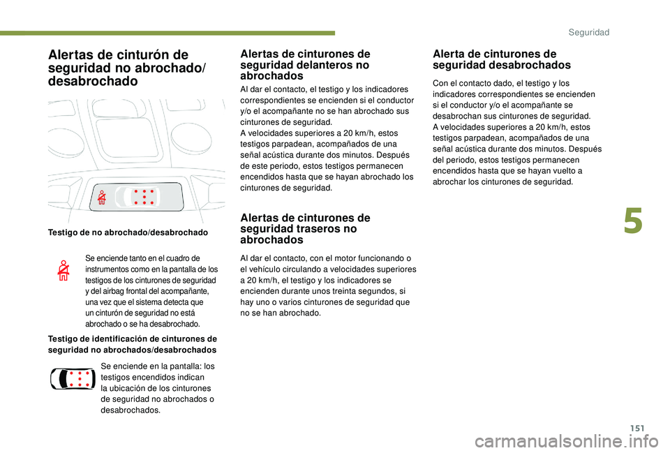 PEUGEOT 5008 2017  Manual del propietario (in Spanish) 151
Alertas de cinturón de 
seguridad no abrochado/
desabrochado
Testigo de no abrochado/desabrochado
Testigo de identificación de cinturones de 
seguridad no abrochados/desabrochados
Alertas de cin