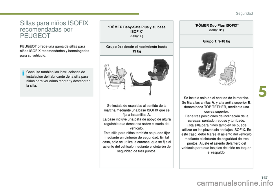 PEUGEOT 5008 2017 Manual del propietario (in Spanish) 167
Sillas para niños ISOFIX
recomendadas por
PEUGEOT
PEUGEOT ofrece una gama de sillas para
niños ISOFIX recomendadas y homologadas
para su vehículo.Consulte también las instrucciones de
ins PEUGEOT 5008 2017 Manual del propietario (in Spanish) 167
Sillas para niños ISOFIX
recomendadas por
PEUGEOT
PEUGEOT ofrece una gama de sillas para
niños ISOFIX recomendadas y homologadas
para su vehículo.Consulte también las instrucciones de
ins