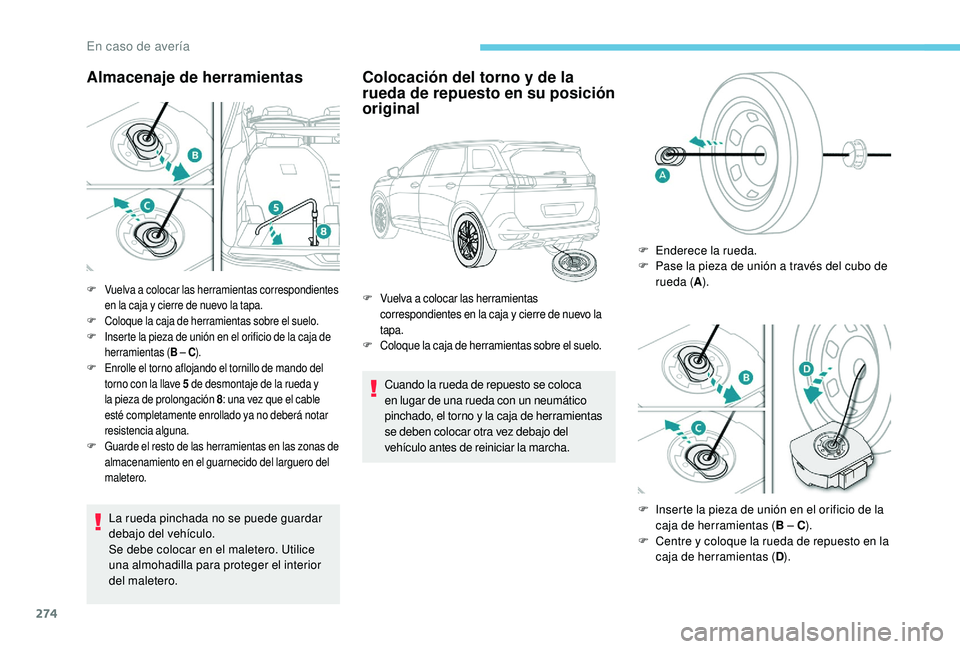 PEUGEOT 5008 2017 Manual del propietario (in Spanish) 274
Almacenaje de herramientas
La rueda pinchada no se puede guardar
debajo del vehículo.
Se debe colocar en el maletero. Utilice
una almohadilla para proteger el interior
del maletero.
Colocació PEUGEOT 5008 2017 Manual del propietario (in Spanish) 274
Almacenaje de herramientas
La rueda pinchada no se puede guardar
debajo del vehículo.
Se debe colocar en el maletero. Utilice
una almohadilla para proteger el interior
del maletero.
Colocació