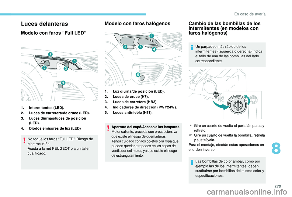 PEUGEOT 5008 2017 Manual del propietario (in Spanish) 279
Luces delanteras
Modelo con faros “Full LED”
1.Intermitentes (LED).
2. Luces de carretera/de cruce (LED).
3. Luces diurnas/luces de posición
(LED).
4. Diodos emisores de luz (LED)
No toque l PEUGEOT 5008 2017 Manual del propietario (in Spanish) 279
Luces delanteras
Modelo con faros “Full LED”
1.Intermitentes (LED).
2. Luces de carretera/de cruce (LED).
3. Luces diurnas/luces de posición
(LED).
4. Diodos emisores de luz (LED)
No toque l