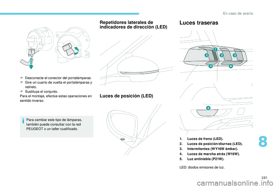 PEUGEOT 5008 2017 Manual del propietario (in Spanish) 281
Para cambiar este tipo de lámparas,
también puede consultar con la red
PEUGEOT o un taller cualificado.
Repetidores laterales de
indicadores de dirección (LED)
F Desconecte el conector del p PEUGEOT 5008 2017 Manual del propietario (in Spanish) 281
Para cambiar este tipo de lámparas,
también puede consultar con la red
PEUGEOT o un taller cualificado.
Repetidores laterales de
indicadores de dirección (LED)
F Desconecte el conector del p
