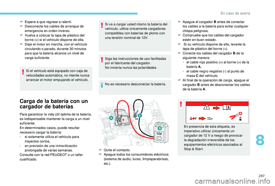PEUGEOT 5008 2017 Manual del propietario (in Spanish) 287
F Espere a que regrese a ralentí.
F D esconecte los cables de arranque de
emergencia en orden inverso.
F
V
uelva a colocar la tapa de plástico del
borne (+) si el vehículo dispone de ella. PEUGEOT 5008 2017 Manual del propietario (in Spanish) 287
F Espere a que regrese a ralentí.
F D esconecte los cables de arranque de
emergencia en orden inverso.
F
V
uelva a colocar la tapa de plástico del
borne (+) si el vehículo dispone de ella.