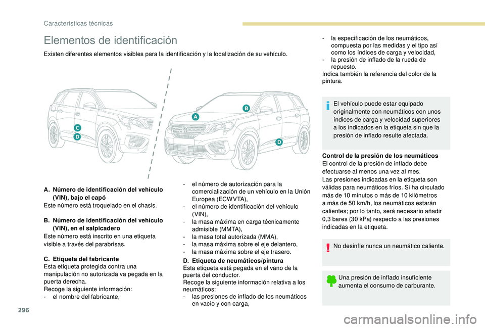 PEUGEOT 5008 2017 Manual del propietario (in Spanish) 296
Elementos de identificación
Control de la presión de los neumáticos
El control de la presión de inflado debe
efectuarse al menos una vez al mes.
Las presiones indicadas en la etiqueta son
v PEUGEOT 5008 2017 Manual del propietario (in Spanish) 296
Elementos de identificación
Control de la presión de los neumáticos
El control de la presión de inflado debe
efectuarse al menos una vez al mes.
Las presiones indicadas en la etiqueta son
v