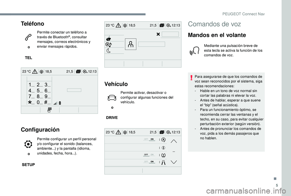 PEUGEOT 5008 2017  Manual del propietario (in Spanish) 5
12:13
18,5 21,5
23 °C
12:13
18,5 21,5
23 °C
12:13
18,5 21,5
23 °C
Teléfono
 o  Permite conectar un teléfono a 
través de Bluetooth
®, consultar 
mensajes, correos electrónicos y 
enviar mens