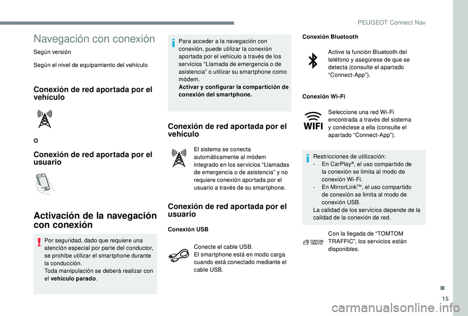 PEUGEOT 5008 2017  Manual del propietario (in Spanish) 15
Navegación con conexión
Según versión
Según el nivel de equipamiento del vehículo
Conexión de red aportada por el 
vehículo
O
Conexión de red aportada por el 
usuario
Activación de la nav