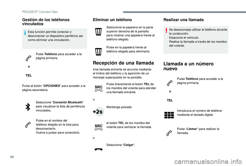 PEUGEOT 5008 2017 Manual del propietario (in Spanish) 30
Gestión de los teléfonos
vinculados
Esta función permite conectar o
desconectar un dispositivo periférico así
como eliminar una vinculación.
o Pulse Teléfono
para acceder a la
página PEUGEOT 5008 2017 Manual del propietario (in Spanish) 30
Gestión de los teléfonos
vinculados
Esta función permite conectar o
desconectar un dispositivo periférico así
como eliminar una vinculación.
o Pulse Teléfono
para acceder a la
página