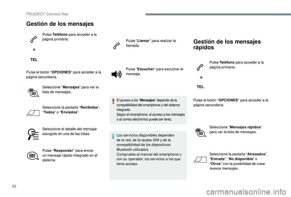 PEUGEOT 5008 2017 Manual del propietario (in Spanish) 32
Gestión de los mensajes
o Pulse Teléfono
para acceder a la
página primaria.
Pulse el botón “ OPCIONES” para acceder a la
página secundaria.
Seleccione “ Mensajes” para ver la
list PEUGEOT 5008 2017 Manual del propietario (in Spanish) 32
Gestión de los mensajes
o Pulse Teléfono
para acceder a la
página primaria.
Pulse el botón “ OPCIONES” para acceder a la
página secundaria.
Seleccione “ Mensajes” para ver la
list