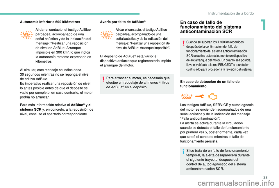 PEUGEOT 5008 2017 Manual del propietario (in Spanish) 33
Autonomía inferior a 600 kilómetros
A l dar el contacto, el testigo AdBlue
parpadea, acompañado de una
señal acústica y de la indicación del
mensaje: “Realizar una reposición
de nivel PEUGEOT 5008 2017 Manual del propietario (in Spanish) 33
Autonomía inferior a 600 kilómetros
A l dar el contacto, el testigo AdBlue
parpadea, acompañado de una
señal acústica y de la indicación del
mensaje: “Realizar una reposición
de nivel