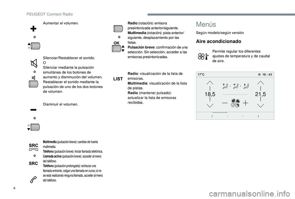 PEUGEOT 5008 2017 Manual del propietario (in Spanish) 4
21,518,5
o Aumentar el volumen.
o Silenciar/Restablecer el sonido.
O
Silenciar mediante la pulsación
simultánea de los botones de
aumento y disminución del volumen.
Restablecer el sonido med PEUGEOT 5008 2017 Manual del propietario (in Spanish) 4
21,518,5
o Aumentar el volumen.
o Silenciar/Restablecer el sonido.
O
Silenciar mediante la pulsación
simultánea de los botones de
aumento y disminución del volumen.
Restablecer el sonido med