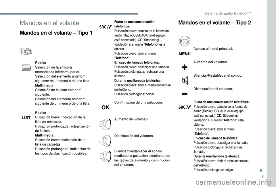 PEUGEOT 5008 2017 Manual del propietario (in Spanish) 3
Mandos en el volante
Mandos en el volante – Tipo 1
Radio:
Selección de la emisora
memorizada inferior/superior.
Selección del elemento anterior/
siguiente de un menú o de una lista.
Multimedia PEUGEOT 5008 2017 Manual del propietario (in Spanish) 3
Mandos en el volante
Mandos en el volante – Tipo 1
Radio:
Selección de la emisora
memorizada inferior/superior.
Selección del elemento anterior/
siguiente de un menú o de una lista.
Multimedia