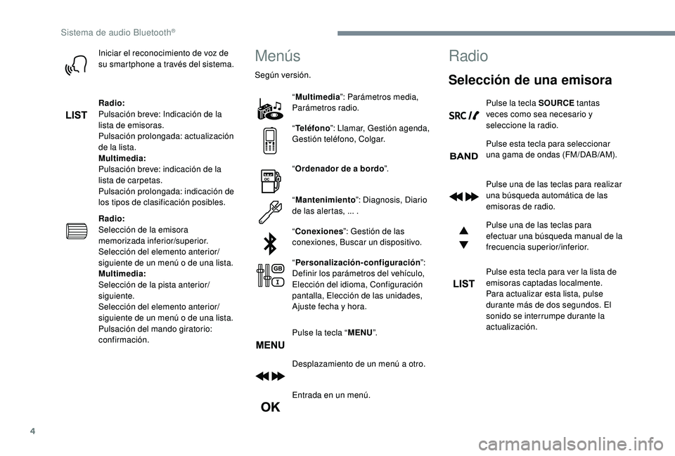 PEUGEOT 5008 2017 Manual del propietario (in Spanish) 4
Iniciar el reconocimiento de voz de
su smartphone a través del sistema.
Radio:
Pulsación breve: Indicación de la
lista de emisoras.
Pulsación prolongada: actualización
de la lista.
Multimedi PEUGEOT 5008 2017 Manual del propietario (in Spanish) 4
Iniciar el reconocimiento de voz de
su smartphone a través del sistema.
Radio:
Pulsación breve: Indicación de la
lista de emisoras.
Pulsación prolongada: actualización
de la lista.
Multimedi