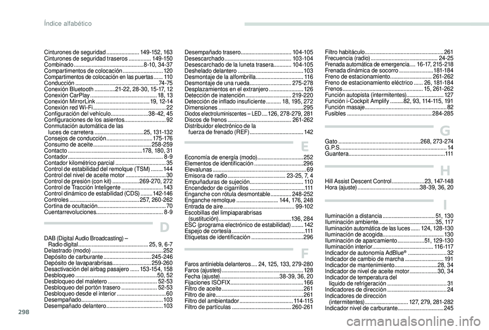 PEUGEOT 5008 2017 Manual del propietario (in Spanish) 298
Hill Assist Descent Control ......................2 3, 147-148
Hora (ajuste) .......................................... 3
8 -39, 36, 20H
G
I
Iluminación a distancia .............................. PEUGEOT 5008 2017 Manual del propietario (in Spanish) 298
Hill Assist Descent Control ......................2 3, 147-148
Hora (ajuste) .......................................... 3
8 -39, 36, 20H
G
I
Iluminación a distancia ..............................