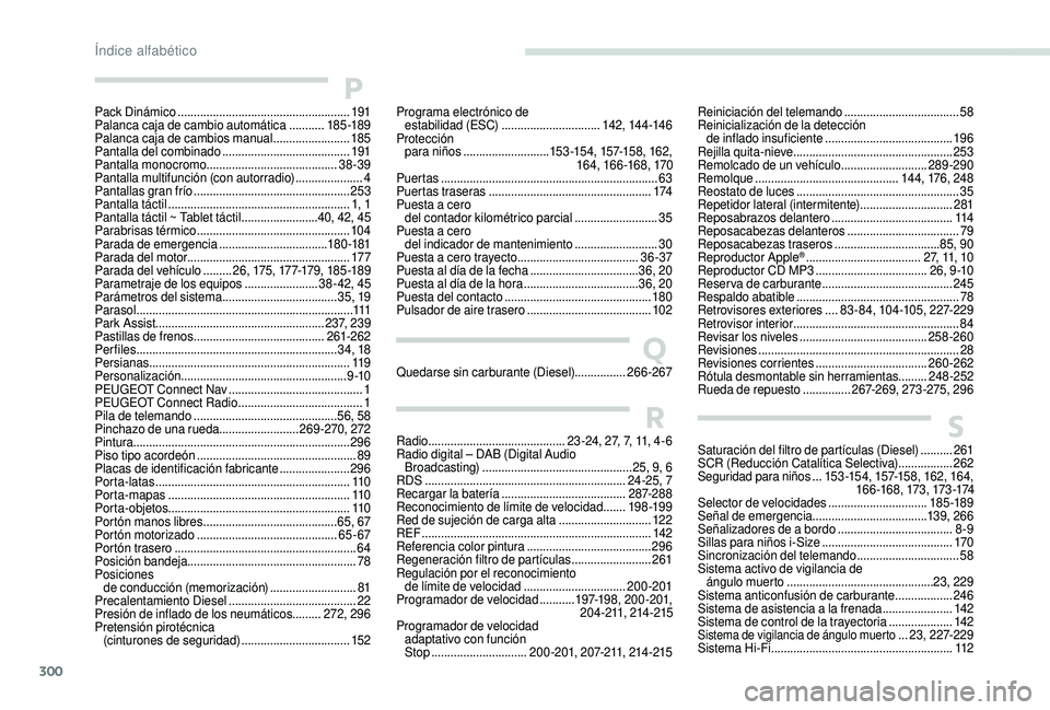 PEUGEOT 5008 2017 Manual del propietario (in Spanish) 300
P
Q
SR
Pack Dinámico ...................................................... 191
Palanca caja de cambio automática ...........185 -189
Palanca caja de cambios manual
........................ 18 PEUGEOT 5008 2017 Manual del propietario (in Spanish) 300
P
Q
SR
Pack Dinámico ...................................................... 191
Palanca caja de cambio automática ...........185 -189
Palanca caja de cambios manual
........................ 18