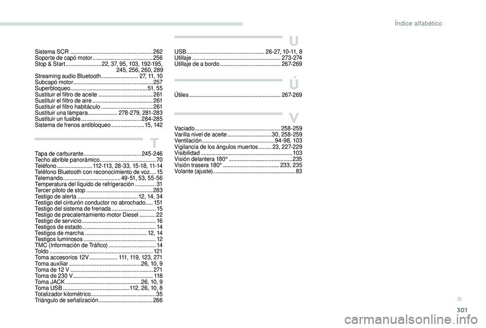 PEUGEOT 5008 2017 Manual del propietario (in Spanish) 301
T
U
Ú
V
Tapa de carburante ....................................... 245 -246
Techo abrible panorámico ...................................... 70
T
eléfono
........................ 112 -113 , PEUGEOT 5008 2017 Manual del propietario (in Spanish) 301
T
U
Ú
V
Tapa de carburante ....................................... 245 -246
Techo abrible panorámico ...................................... 70
T
eléfono
........................ 112 -113 ,