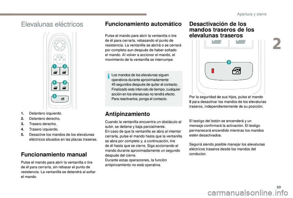 PEUGEOT 5008 2017 Manual del propietario (in Spanish) 69
Elevalunas eléctricos
1.Delantero izquierdo.
2. Delantero derecho.
3. Trasero derecho.
4. Trasero izquierdo.
5. Desactive los mandos de los elevalunas
eléctricos situados en las plazas traseras. PEUGEOT 5008 2017 Manual del propietario (in Spanish) 69
Elevalunas eléctricos
1.Delantero izquierdo.
2. Delantero derecho.
3. Trasero derecho.
4. Trasero izquierdo.
5. Desactive los mandos de los elevalunas
eléctricos situados en las plazas traseras.