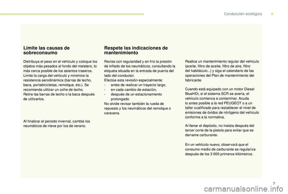 PEUGEOT 5008 2017 Manual del propietario (in Spanish) 7
Limite las causas de
sobreconsumo
Distribuya el peso en el vehículo y coloque los
objetos más pesados al fondo del maletero, lo
más cerca posible de los asientos traseros.
Limite la carga del PEUGEOT 5008 2017 Manual del propietario (in Spanish) 7
Limite las causas de
sobreconsumo
Distribuya el peso en el vehículo y coloque los
objetos más pesados al fondo del maletero, lo
más cerca posible de los asientos traseros.
Limite la carga del