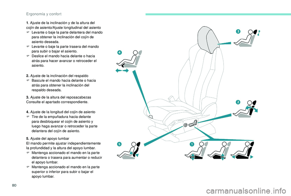 PEUGEOT 5008 2017 Manual del propietario (in Spanish) 80
1. Ajuste de la inclinación y de la altura del
cojín de asiento/Ajuste longitudinal del asiento
F
L
evante o baje la parte delantera del mando
para obtener la inclinación del cojín de
asi PEUGEOT 5008 2017 Manual del propietario (in Spanish) 80
1. Ajuste de la inclinación y de la altura del
cojín de asiento/Ajuste longitudinal del asiento
F
L
evante o baje la parte delantera del mando
para obtener la inclinación del cojín de
asi