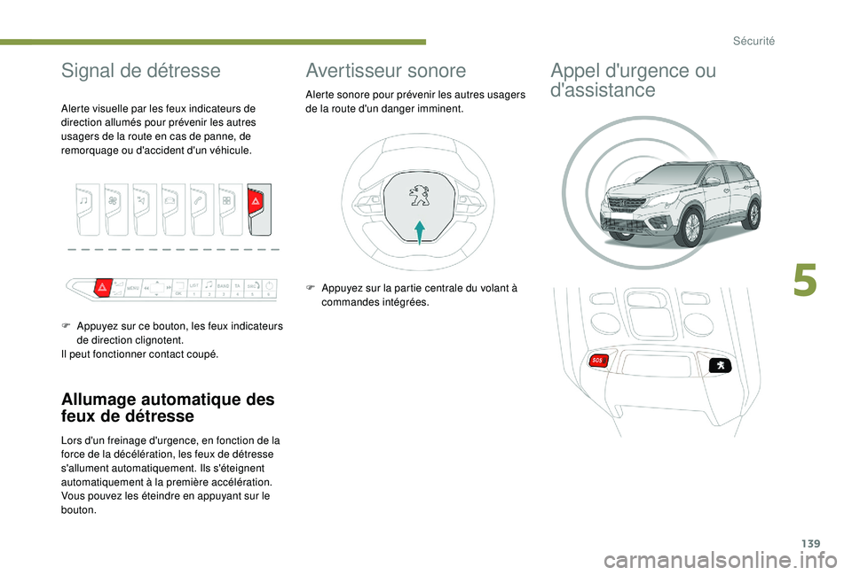 PEUGEOT 5008 2017  Manuel du propriétaire (in French) 139
Signal de détresse
Allumage automatique des 
feux de détresse
Lors d'un freinage d'urgence, en fonction de la 
force de la décélération, les feux de détresse 
s'allument automati