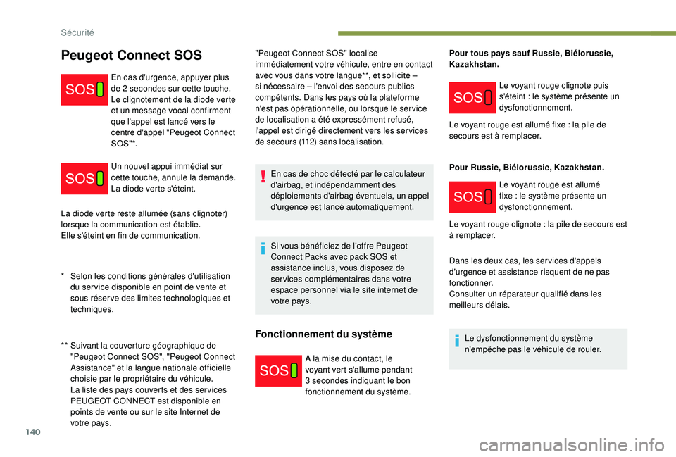 PEUGEOT 5008 2017  Manuel du propriétaire (in French) 140
La diode verte reste allumée (sans clignoter) 
lorsque la communication est établie.
Elle s'éteint en fin de communication."Peugeot Connect SOS" localise 
immédiatement votre véhi