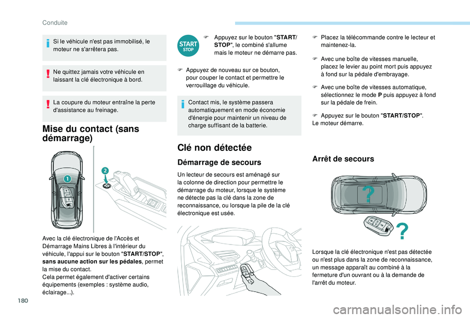 PEUGEOT 5008 2017 Manuel du propriétaire (in French) 180
Si le véhicule n'est pas immobilisé, le
moteur ne s'arrêtera pas.
Ne quittez jamais votre véhicule en
laissant la clé électronique à bord.
La coupure du moteur entraîne la perte PEUGEOT 5008 2017 Manuel du propriétaire (in French) 180
Si le véhicule n'est pas immobilisé, le
moteur ne s'arrêtera pas.
Ne quittez jamais votre véhicule en
laissant la clé électronique à bord.
La coupure du moteur entraîne la perte