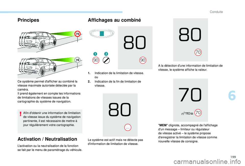 PEUGEOT 5008 2017 Manuel du propriétaire (in French) 199
Principes
Afin d'obtenir une information de limitation
de vitesse issue du système de navigation
pertinente, il est nécessaire de mettre Ã
jour régulièrement votre cartographie.
Activa PEUGEOT 5008 2017 Manuel du propriétaire (in French) 199
Principes
Afin d'obtenir une information de limitation
de vitesse issue du système de navigation
pertinente, il est nécessaire de mettre Ã
jour régulièrement votre cartographie.
Activa