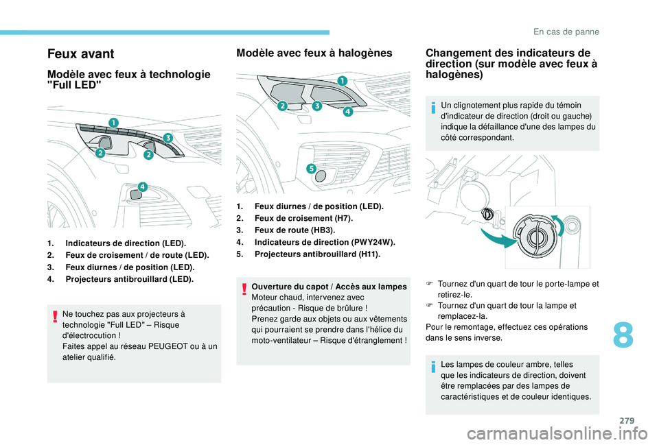 PEUGEOT 5008 2017  Manuel du propriétaire (in French) 279
Feux avant
Modèle avec feux à technologie 
"Full LED"
1.Indicateurs de direction (LED).
2. Feux de croisement / de route (LED).
3. Feux diurnes / de position (LED).
4. Projecteurs antibr