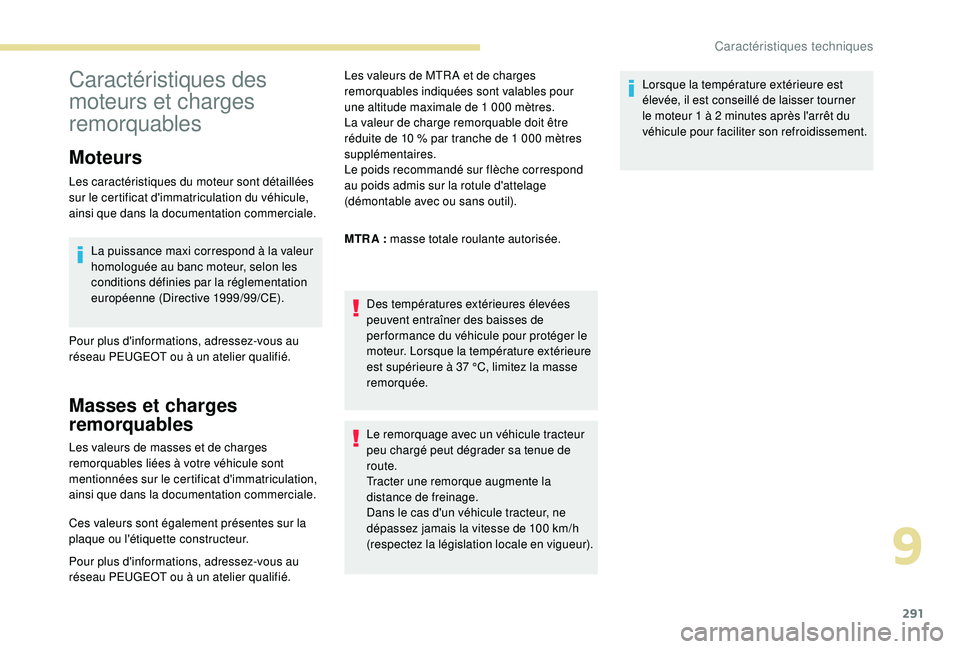 PEUGEOT 5008 2017  Manuel du propriétaire (in French) 291
Caractéristiques des 
moteurs et charges 
remorquables
Moteurs
Les caractéristiques du moteur sont détaillées 
sur le certificat d'immatriculation du véhicule, 
ainsi que dans la document