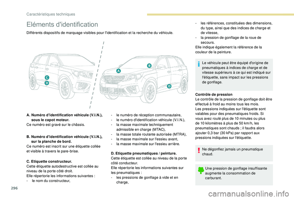 PEUGEOT 5008 2017  Manuel du propriétaire (in French) 296
Eléments d'identification
Contrôle de pression
Le contrôle de la pression de gonflage doit être 
effectué à froid au moins tous les mois.
Les pressions indiquées sur l'étiquette so