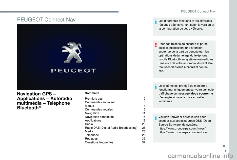 PEUGEOT 5008 2017  Manuel du propriétaire (in French) 1
PEUGEOT Connect Nav
Navigation GPS – 
Applications – Autoradio 
multimédia – Téléphone 
Bluetooth
®
Sommaire
Premiers pas  
2
C

ommandes au volant   
3
M

enus   
4
C

ommandes vocales   