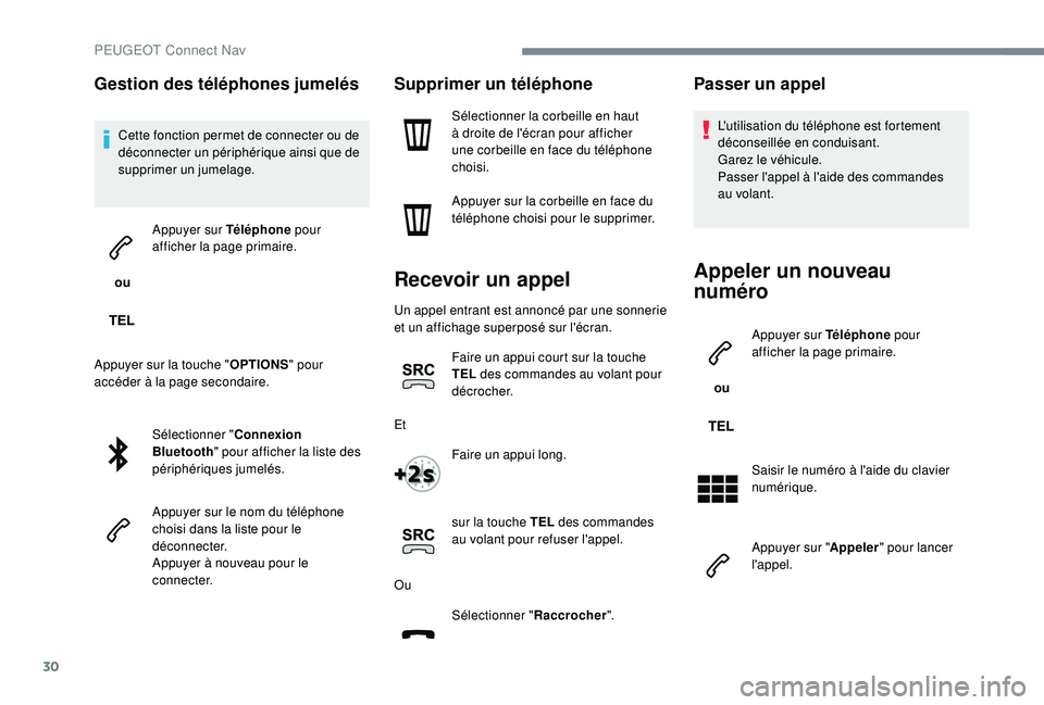 PEUGEOT 5008 2017 Manuel du propriétaire (in French) 30
Gestion des téléphones jumelés
Cette fonction permet de connecter ou de
déconnecter un périphérique ainsi que de
supprimer un jumelage.
ou Appuyer sur Téléphone
pour
afficher la page PEUGEOT 5008 2017 Manuel du propriétaire (in French) 30
Gestion des téléphones jumelés
Cette fonction permet de connecter ou de
déconnecter un périphérique ainsi que de
supprimer un jumelage.
ou Appuyer sur Téléphone
pour
afficher la page
