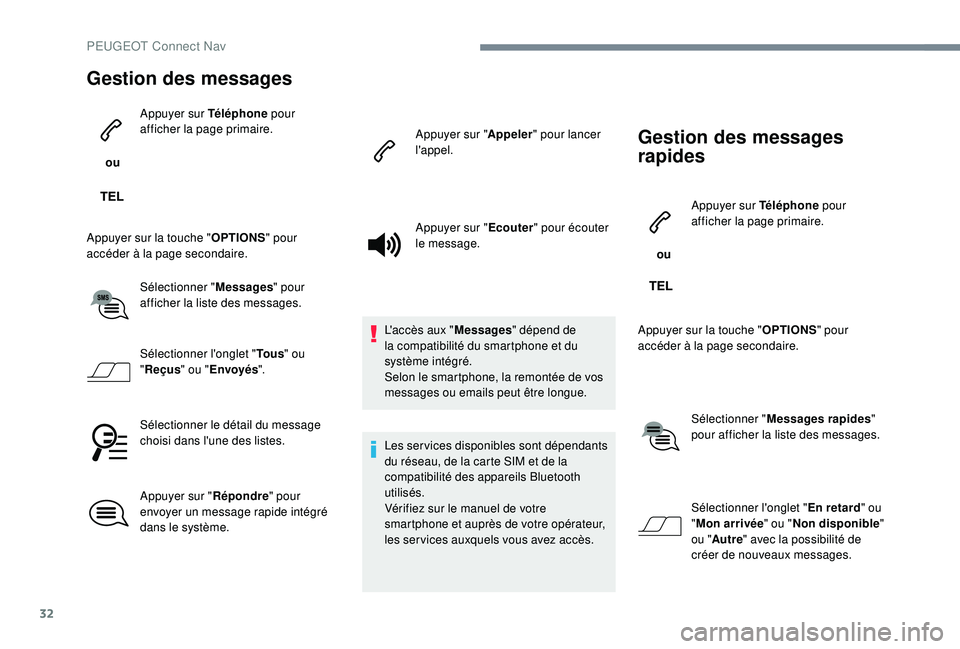 PEUGEOT 5008 2017 Manuel du propriétaire (in French) 32
Gestion des messages
ou Appuyer sur Téléphone
pour
afficher la page primaire.
Appuyer sur la touche " OPTIONS" pour
accéder à la page secondaire.
Sélectionner " Messages" p PEUGEOT 5008 2017 Manuel du propriétaire (in French) 32
Gestion des messages
ou Appuyer sur Téléphone
pour
afficher la page primaire.
Appuyer sur la touche " OPTIONS" pour
accéder à la page secondaire.
Sélectionner " Messages" p
