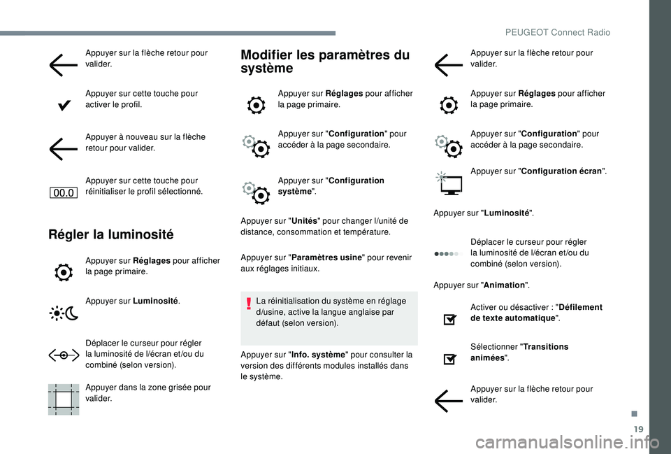 PEUGEOT 5008 2017  Manuel du propriétaire (in French) 19
Appuyer sur la flèche retour pour 
va l i d e r.
Appuyer sur cette touche pour 
activer le profil.
Appuyer à nouveau sur la flèche 
retour pour valider.
Appuyer sur cette touche pour 
réinitial