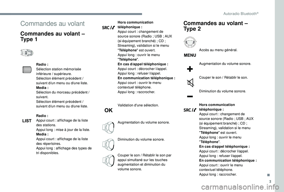 PEUGEOT 5008 2017 Manuel du propriétaire (in French) 3
Commandes au volant
Commandes au volant –
Ty p e 1
Radio :
S élection station mémorisée
inférieure / supérieure.
Sélection élément précédent /
suivant d
/un
menu ou d
/un
e liste. PEUGEOT 5008 2017 Manuel du propriétaire (in French) 3
Commandes au volant
Commandes au volant –
Ty p e 1
Radio :
S élection station mémorisée
inférieure / supérieure.
Sélection élément précédent /
suivant d
/un
menu ou d
/un
e liste.