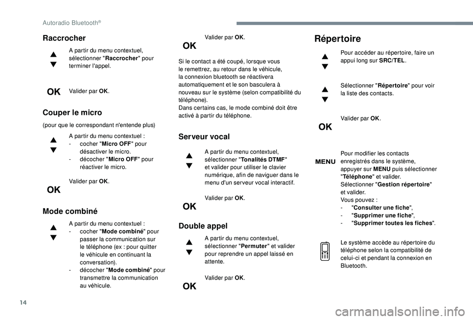 PEUGEOT 5008 2017 Manuel du propriétaire (in French) 14
Raccrocher
A partir du menu contextuel,
sélectionner "Raccrocher" pour
terminer l'appel.
Valider par OK.
Couper le micro
(pour que le correspondant n'entende plus)
A partir du me PEUGEOT 5008 2017 Manuel du propriétaire (in French) 14
Raccrocher
A partir du menu contextuel,
sélectionner "Raccrocher" pour
terminer l'appel.
Valider par OK.
Couper le micro
(pour que le correspondant n'entende plus)
A partir du me