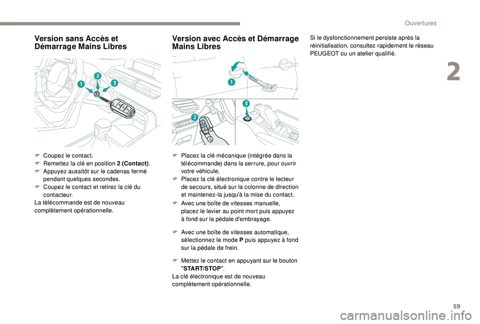 PEUGEOT 5008 2017 Manuel du propriétaire (in French) 59
Version sans Accès et
Démarrage Mains Libres
F Coupez le contact.
F R emettez la clé en position 2 (Contact) .
F
A
ppuyez aussitôt sur le cadenas fermé
pendant quelques secondes.
F
C
o PEUGEOT 5008 2017 Manuel du propriétaire (in French) 59
Version sans Accès et
Démarrage Mains Libres
F Coupez le contact.
F R emettez la clé en position 2 (Contact) .
F
A
ppuyez aussitôt sur le cadenas fermé
pendant quelques secondes.
F
C
o