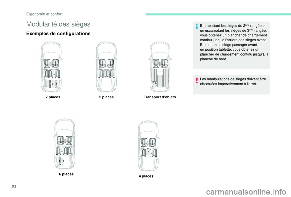 PEUGEOT 5008 2017  Manuel du propriétaire (in French) 92
Modularité des sièges
Exemples de configurations
7 places5   placesTransport d'objets
6   places 4
  placesEn rabattant les sièges de 2
ème rangée et 
en escamotant les sièges de 3ème ra